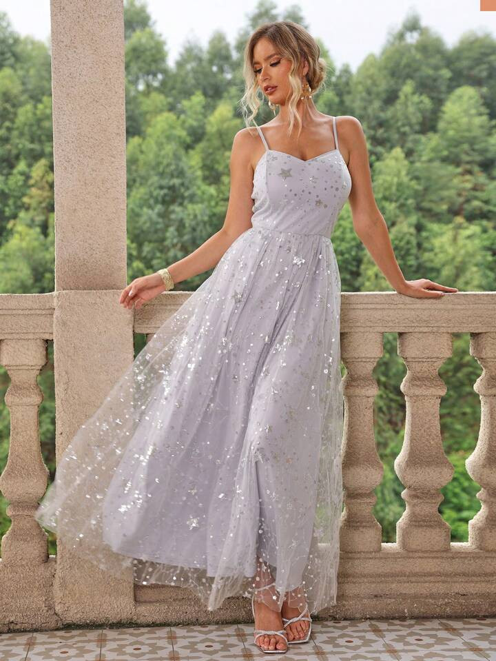Joyfunear Sequin Decor Mesh Overlay Prom Dress | SHEIN