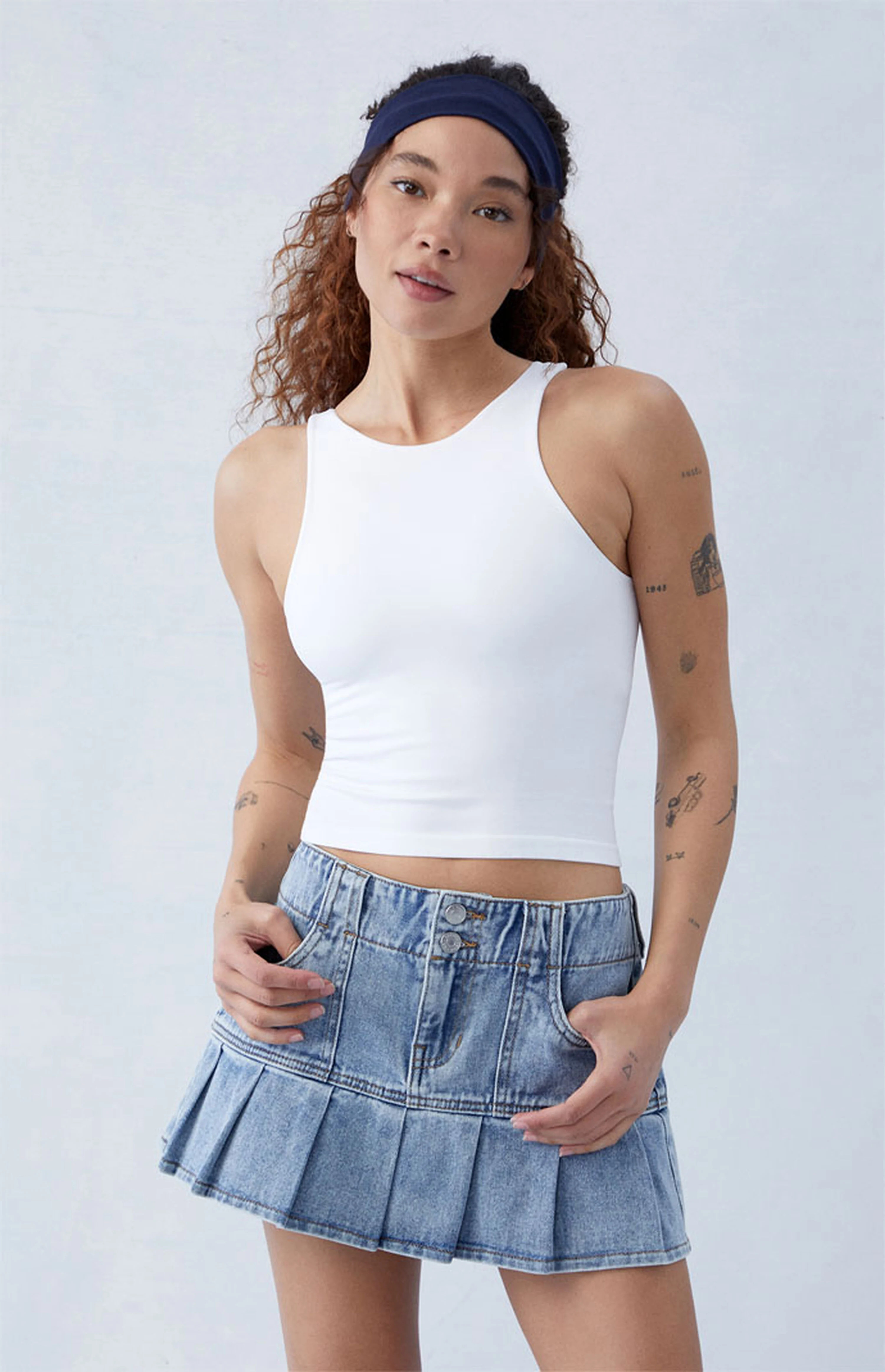 PacSun Eco Medium Indigo Pleated Low Rise Denim Mini Skirt | PacSun