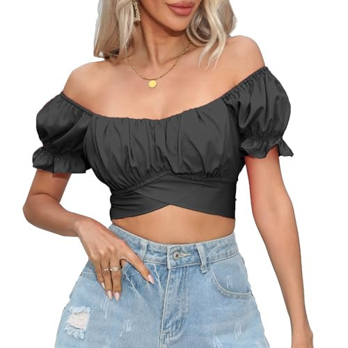 COOUFE Women's Crop Tops Ruffle Short Sleeve Tie Back Summer Off Shoulder Top Blouse Black L | Amazon (US)