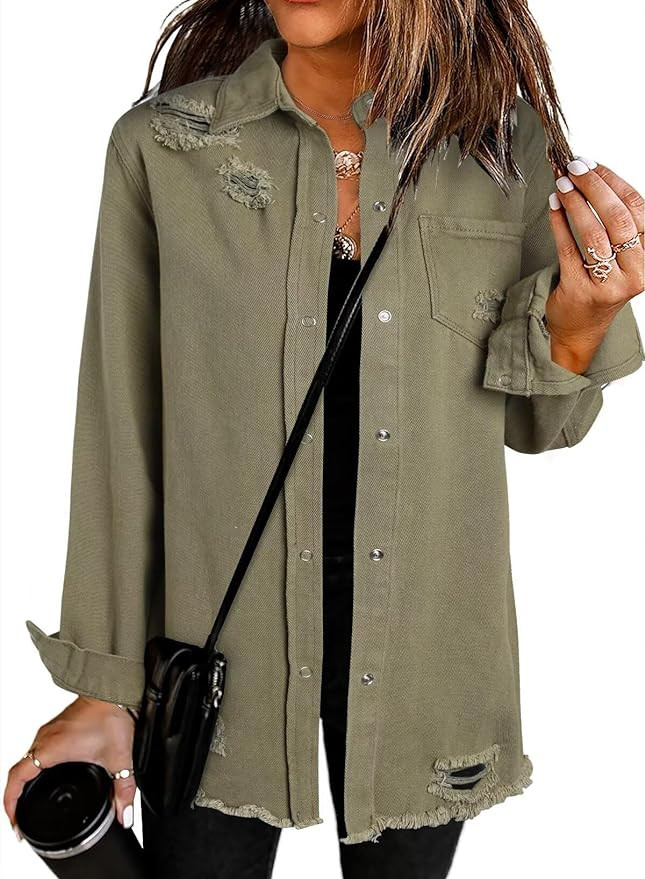 Dokotoo Women's Oversized Denim Jacket Casual Long Boyfriend Distresse Jean Jacket Autumn Spring | Amazon (US)