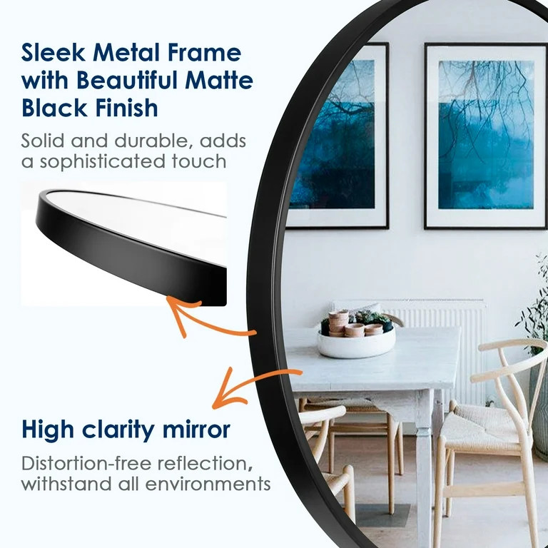 24 inch Black Round Mirror, Wall Mounted Bathroom Mirror with Metal Frame, Modern Home Decor - Wa... | Walmart (US)