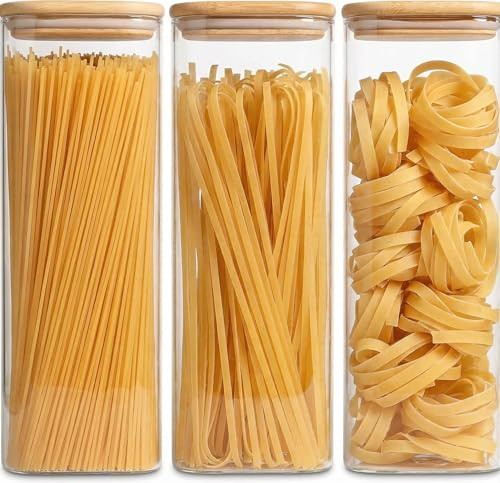 Snaiio Pasta Storage Containers 3 Pack, 78oz Square Airtight Glass Spaghetti Container with Bamboo Lids, Tall Glass Pasta Storage Jar for Pantry Organization Spaghetti Linguine Fettuccine Cereal | Amazon (US)