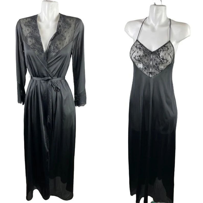 Vtg 70s Vanity Fair Black Lace Sheer Bust Nightgown & Robe Set Nylon Sz 32 | Etsy (US)