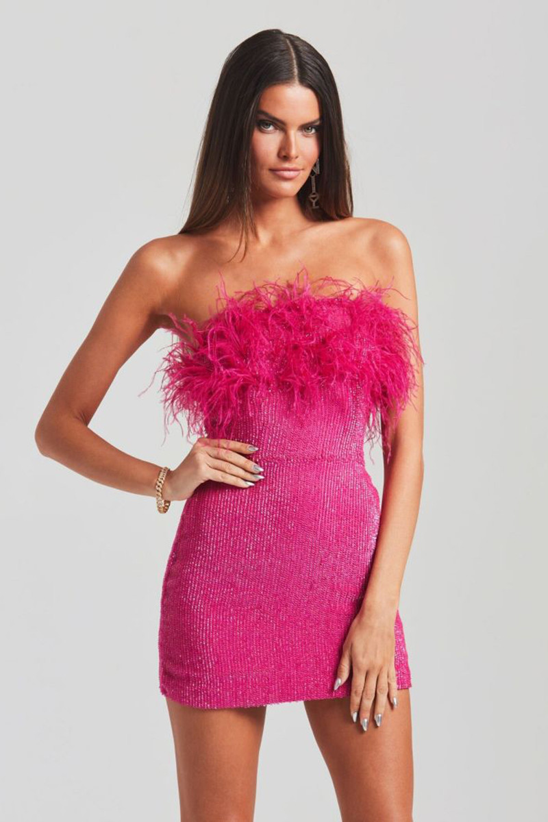 Sequin Strapless Feather Trim Bodycon Mini Party Dresses | Cherley