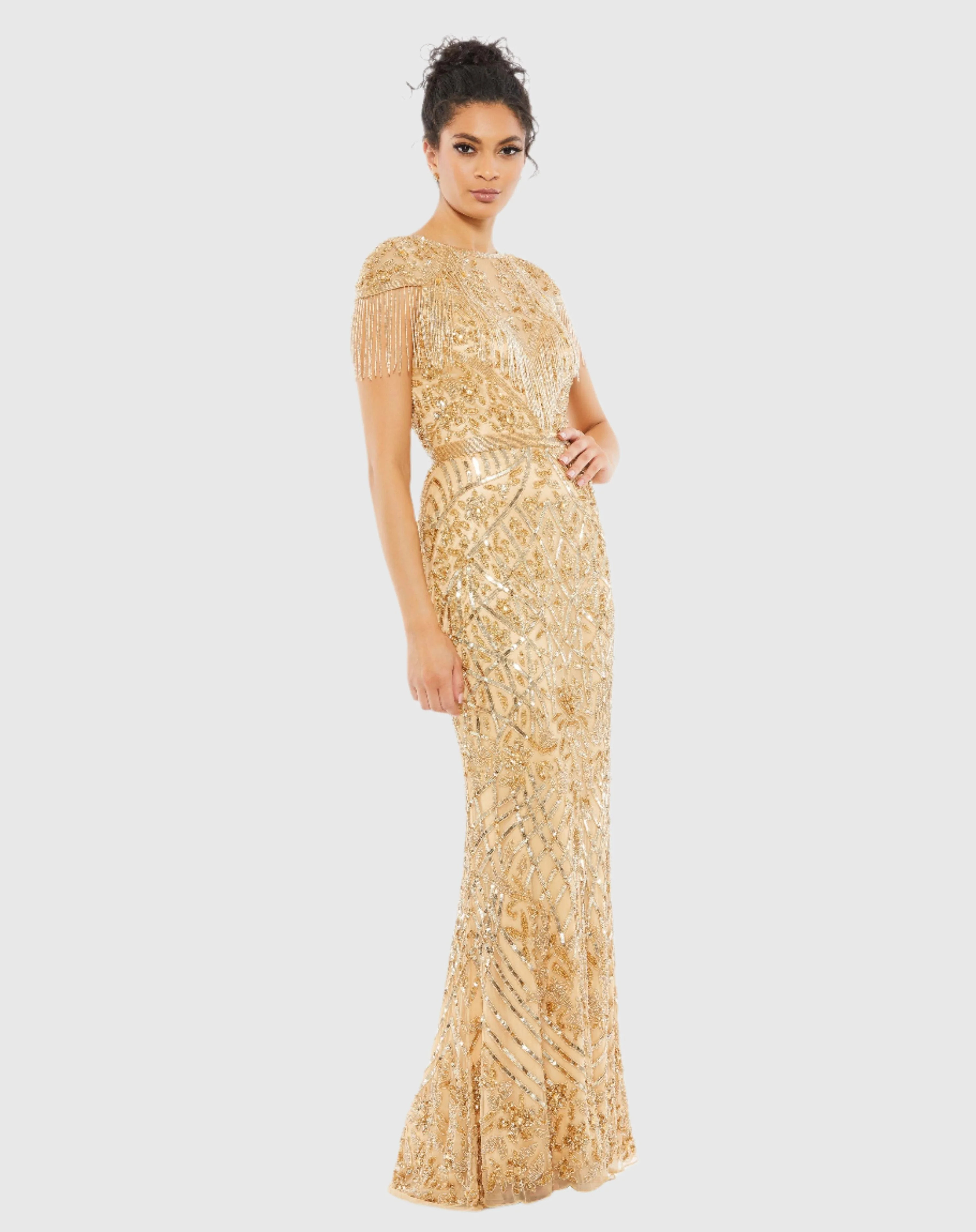 Gold Embellished Fringe Cap Sleeve Trumpet Gown - Mac Duggal | Mac Duggal