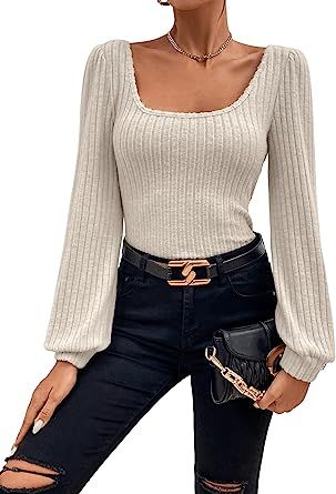 SweatyRocks Women's Square Neck Long Bishop Sleeve Blouse Top Ribbed Knit Slim Fit Tee Shirt | Amazon (US)