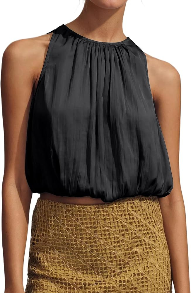 Ythomm Women’s Halter Crop Bubble Tops Summer Sleeveless Crewneck Puffy Hem Cropped Tank Tops F... | Amazon (US)