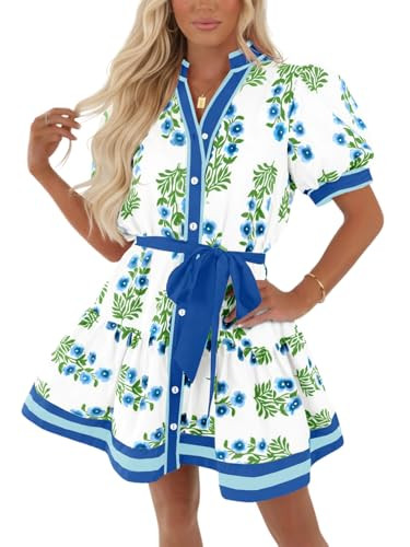 Wenrine Womens Summer Floral Mini Dress Puff Short Sleeve V Neck Button Down Casual Loose Boho Be... | Amazon (US)
