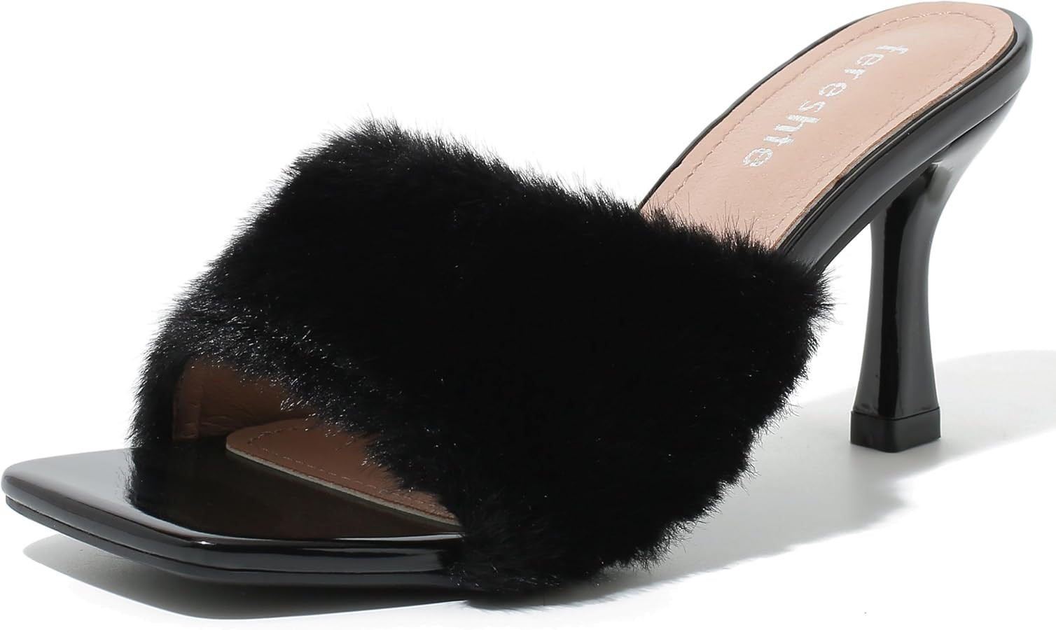 fereshte Women's Feather Heels Fluffy Fur Square Toe High Kitten Heeled Mule Dress Party Sandals | Amazon (US)