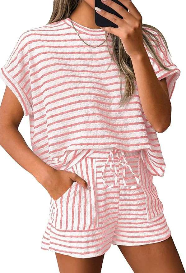 Tankaneo Womens Striped Summer 2 Piece Short Sets Short Sleeve T Shirts Drawstring Shorts Casual ... | Amazon (US)