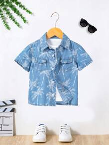 SHEIN Young Boy Blue Fashionable Casual Holiday Mix And Match Comfort Denim-Effect Print Coconut ... | SHEIN