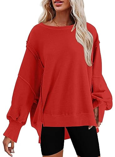 SHEWIN Oversized Sweatshirt for Women Casual Crewneck Sweatshirts Fashion Long Sleeve Comfort Colors Hoodies Winter Clothing for Women A Red | Amazon (US)