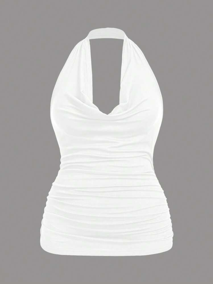 SHEIN EZwear Plus Size Simple Solid Color Pleated Slim Fit Racerback Tank Top, Summer | SHEIN