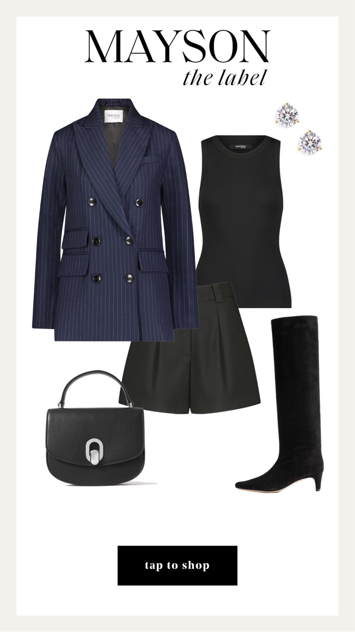 Navy pinstripe blazer, black tank, black trousers shorts, black knee high boots, workwear outfit, MAYSON 

#LTKshoecrush #LTKstyletip #LTKworkwear