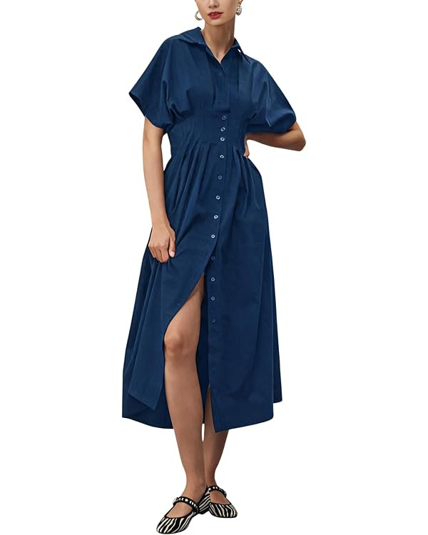 Yeokou Shirt Dress for Women Summer Casual Short Sleeve Button Down Loose Pleated Maxi Sundress w... | Amazon (US)