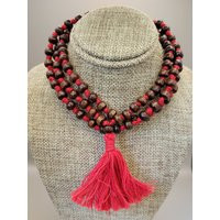 Wooden Beaded Necklace With Red Tassel - Vintage Necklace - Hand Knot Bead Nature Jewelry - 1970S Jewelry | Etsy (US)