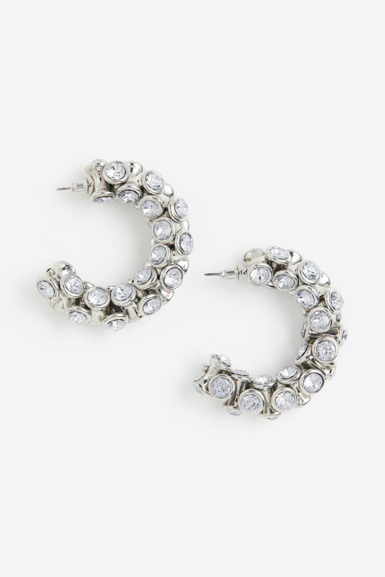 Rhinestone-embellished hoop earrings - Silver-coloured - Ladies | H&M GB | H&M (UK, MY, IN, SG, PH, TW, HK)