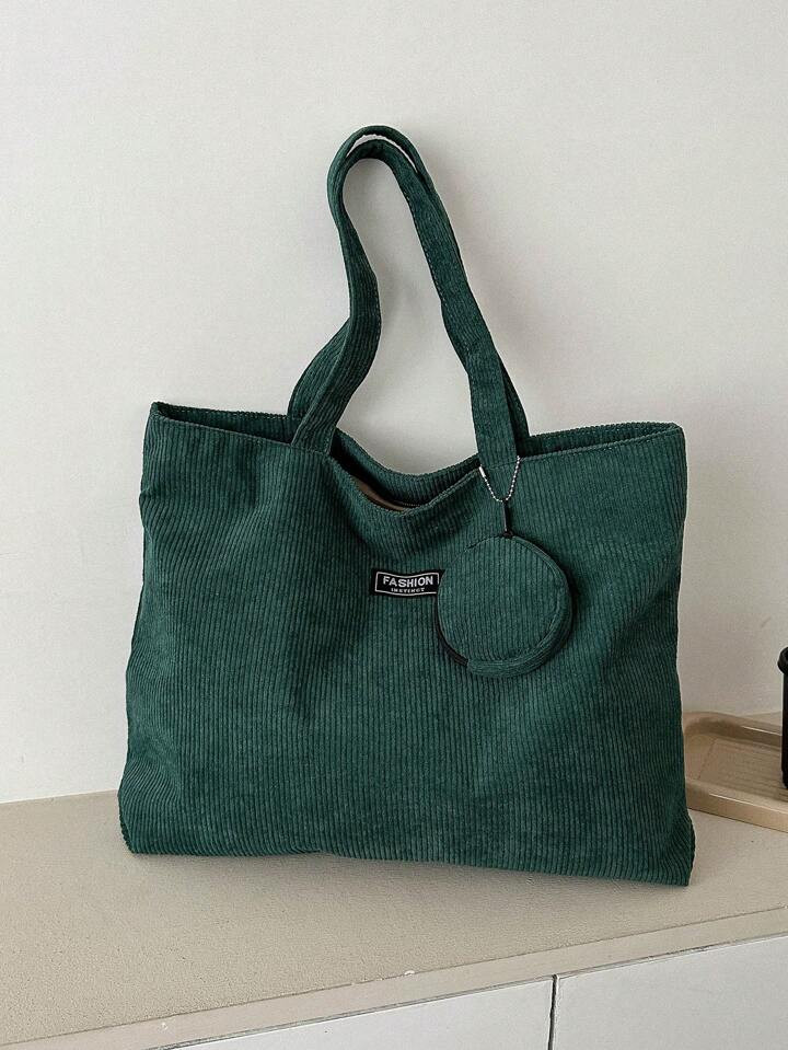 Letter Patch Shoulder Tote Bag Dark Green Corduroy With Coin Purse | SHEIN