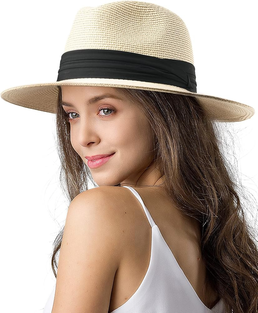 Womens Mens Wide Brim Straw Panama Hat Fedora Summer Beach Sun Hat UPF Straw Hat for Women | Amazon (US)