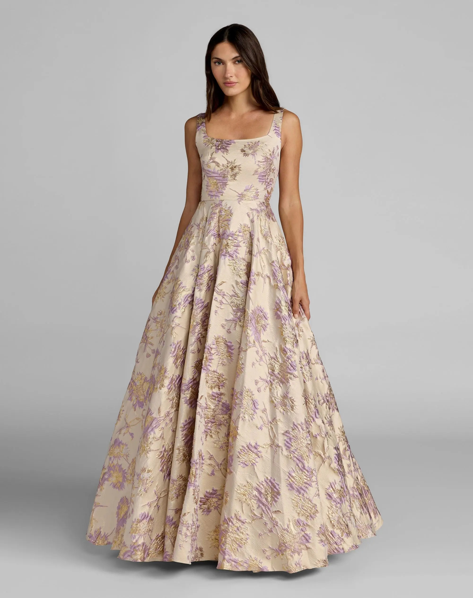Beige Sleeveless Square Neck Brocade Ball Gown | Mac Duggal | Mac Duggal