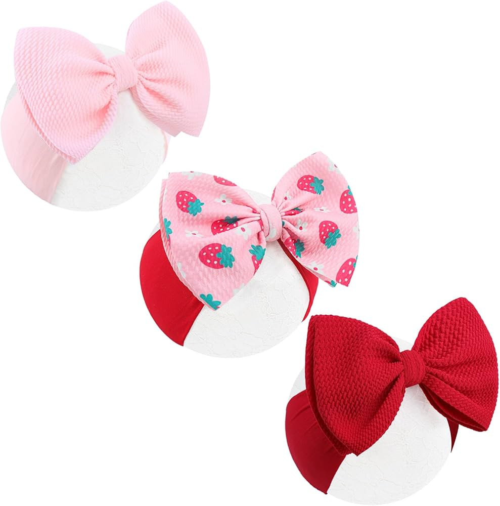 3 Pcs Baby Girl Headbands 6’’ Pink Bows Strawberry Hair Accessories Summer Outfits for Newbor... | Amazon (US)