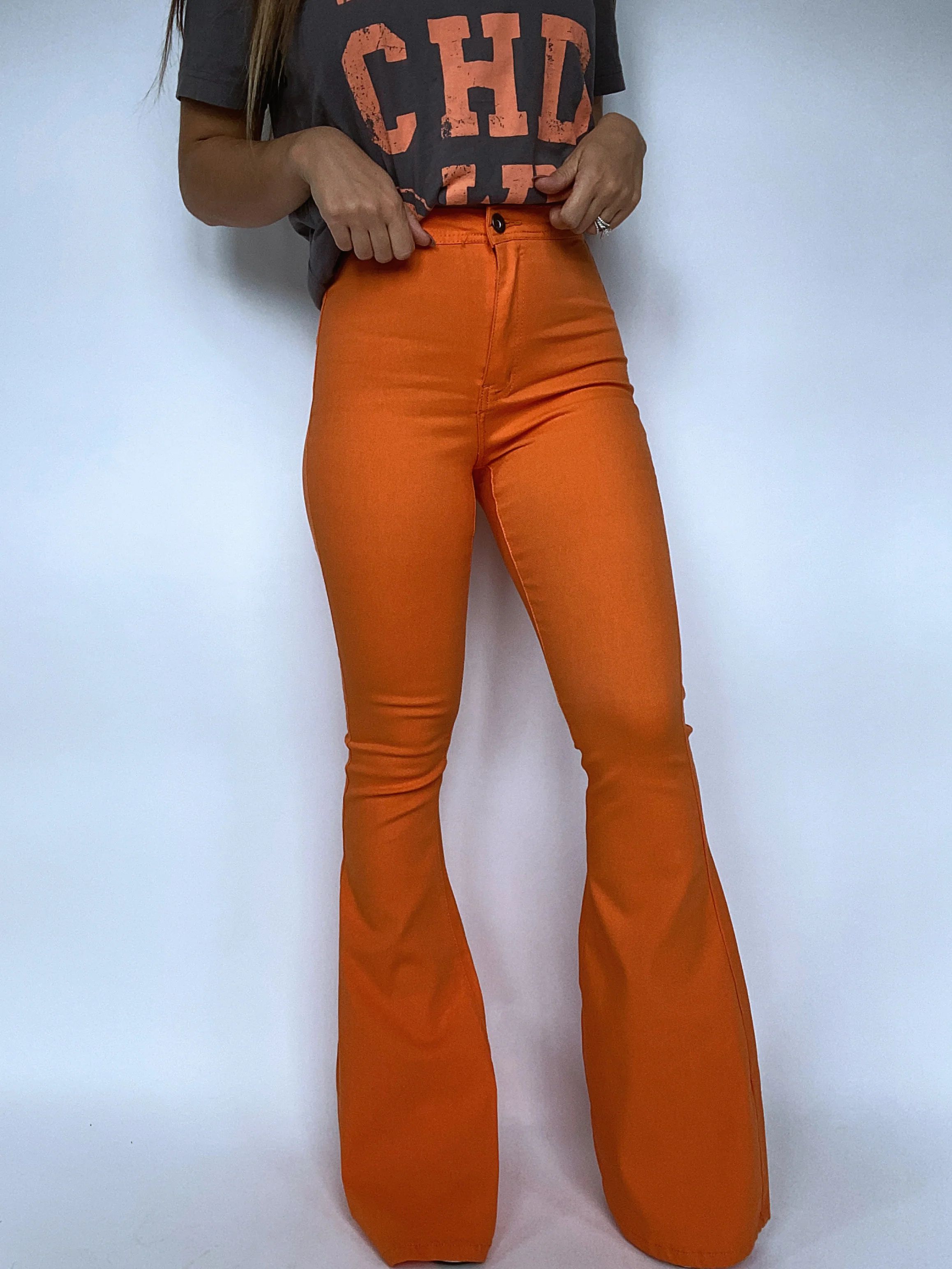 Fiona High Waisted Bell Bottom Flare Jeans - Orange | Willow Boutique