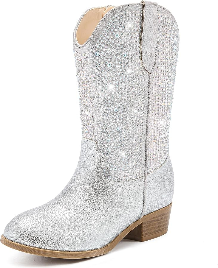 Rhinestone Sparkly Girls Cowgirl Cowboy Boots Little Kids Dress Boot Pointed Toes Low Heel Mid Ca... | Amazon (US)