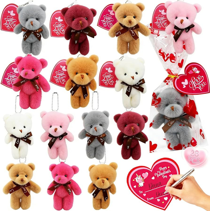 WODMAZ 28 Pack Valentines Day Gifts for Kids Classroom, Valentines Plush Bear Keychain with Valen... | Amazon (US)