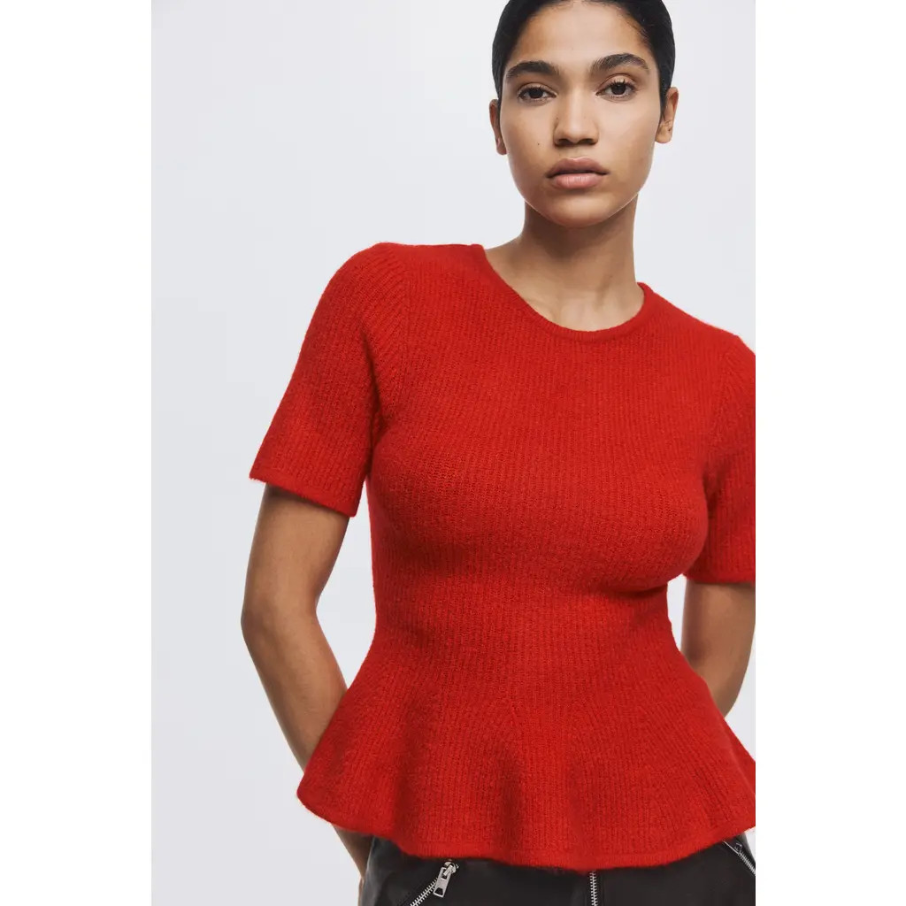 H&M Rib-knit Peplum Top in Red at Nordstrom, Size X-Large | Nordstrom