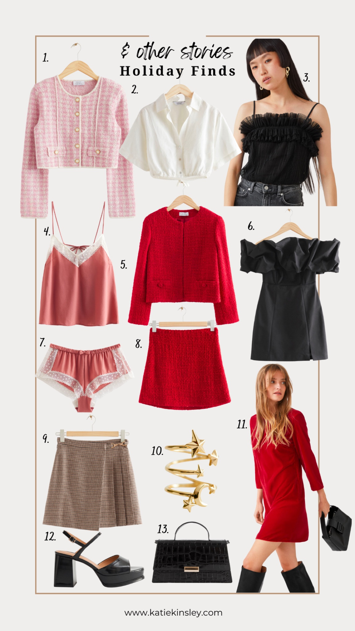 Shopping & other stories

Pink plaid sweater, red jacket, red skirt, red dress, black ruffle tank top, black ruffle dress, white crop top, plaid skirt, moon and stars ring, black heels, black structured bag

#LTKHoliday #LTKshoecrush #LTKGiftGuide
