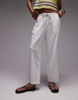 Topshop mid rise linen awkward length trouser in white | ASOS | ASOS (Global)