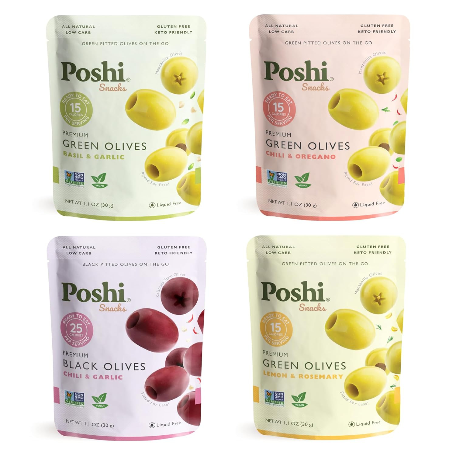 Poshi Natural Whole Pitted Olives | 24 Pack Variety | Basil & Garlic, Chili & Oregano, Chili + Ga... | Amazon (US)