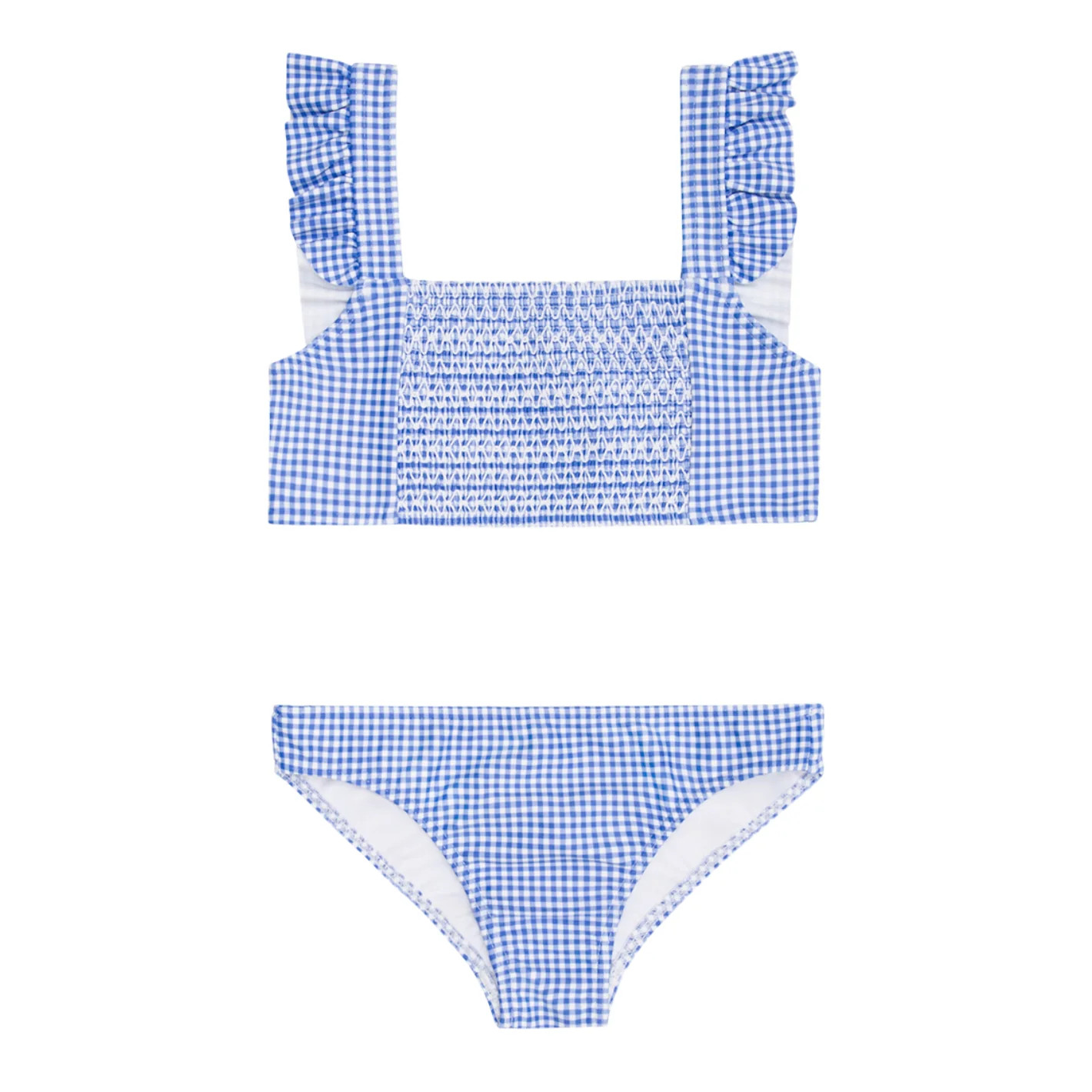 girls sky blue gingham smocked ruffle strap bikini | minnow