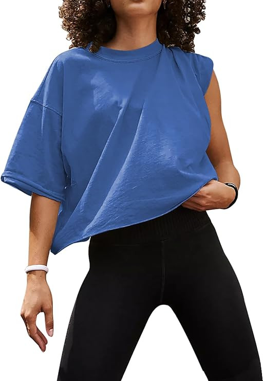 UEU Women's Comfy Basic Workout Gym Short Sleeve Crop Tops Casual Loose Oversized T-Shirts | Amazon (US)