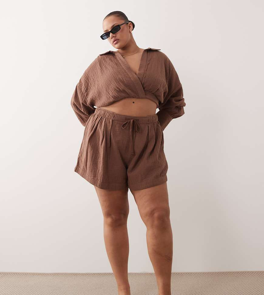 ASOS DESIGN Curve Callie cheesecloth beach paper bag waist short in mocha-Brown | ASOS (Global)
