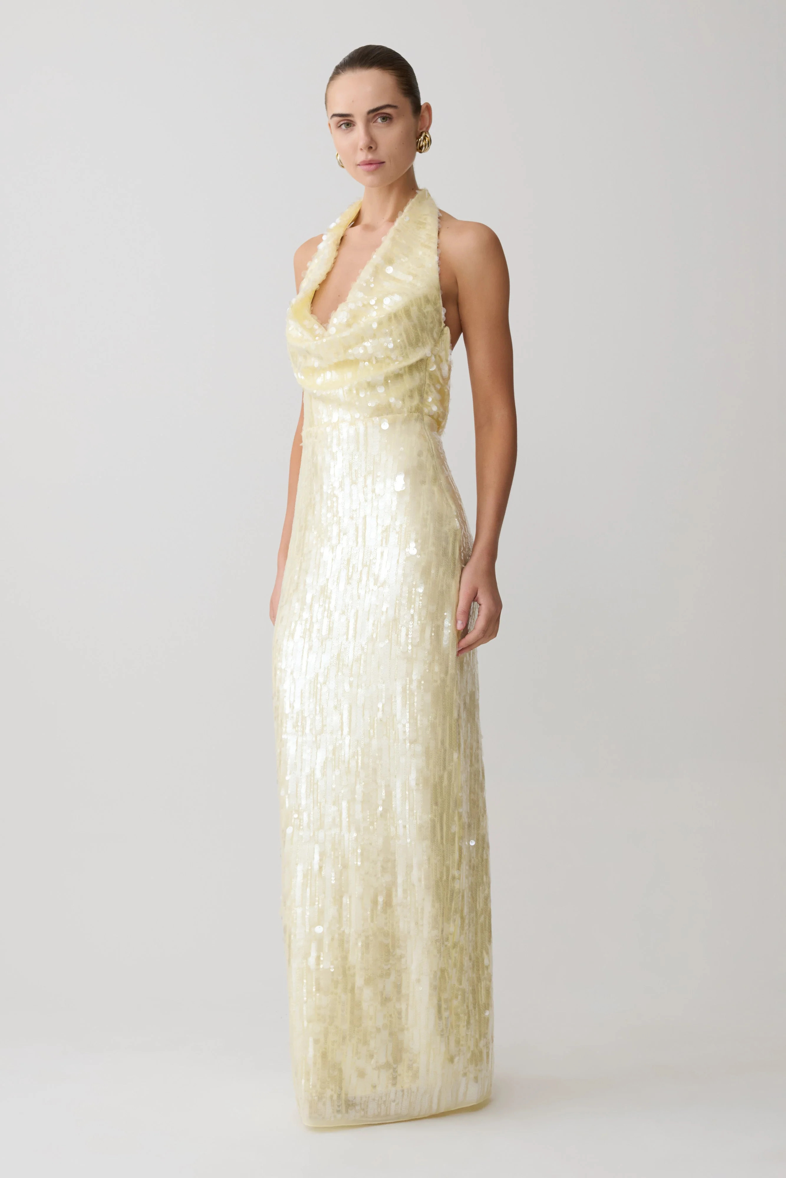 Sequin Halter Maxi Dress - Lemon | MESHKI US