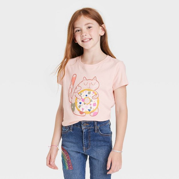 Girls' 'Cat Donut' Short Sleeve Graphic T-Shirt - Cat & Jack™ Light Peach | Target