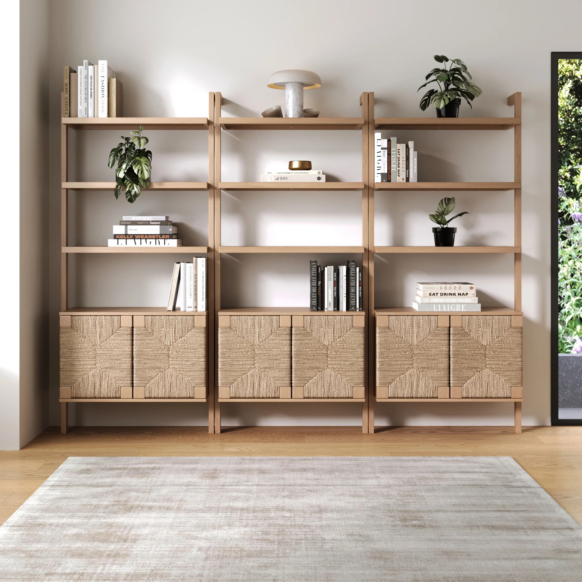 Seagrass Wall Bookshelf with Doors Raw Oak (Set of 3) | Nathan James