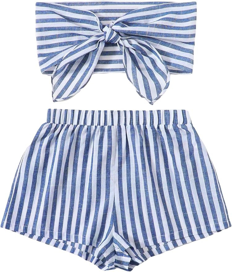 Floerns Women's 2 Piece Outfit Striped Print Tie Front Tube Top with Shorts Set | Amazon (US)
