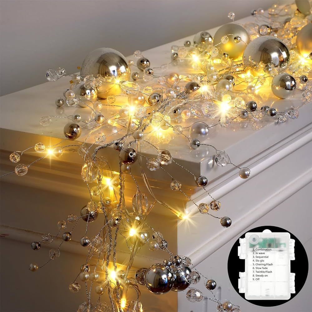 VIHOSE 9ft Christmas Beaded Wire Garland Decorations Glitter Gem String with Light 8 Functions an... | Amazon (US)
