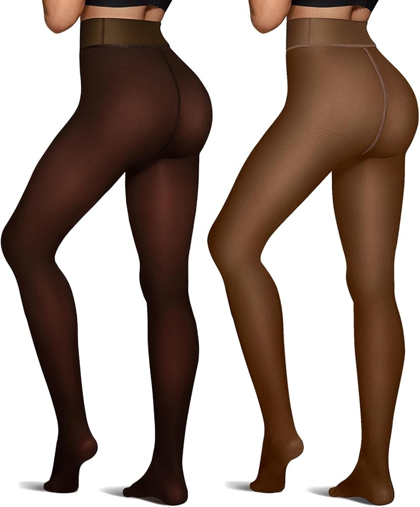 OEAK Womens 2 Pairs Fleece Lined Tights Leggings Sheer Fake Translucent Pantyhose Thermal High Wa... | Amazon (US)