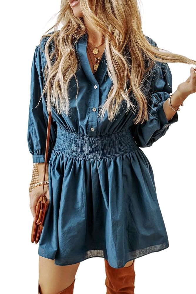 Prussian Blue 3/4 Sleeve Shirred High Waist Buttoned Mini Dress | Amazon (US)