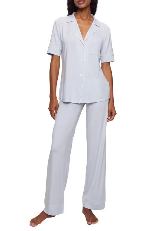 Eberjey Gisele Short Sleeve Pant Pajamas in Ice Blue/Ivory at Nordstrom, Size Large | Nordstrom