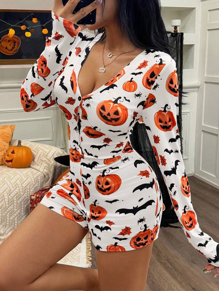 ZzzCrew Halloween Kürbis & Fledermaus Muster Langarm Knopf-Vorne Jumpsuit | SHEIN