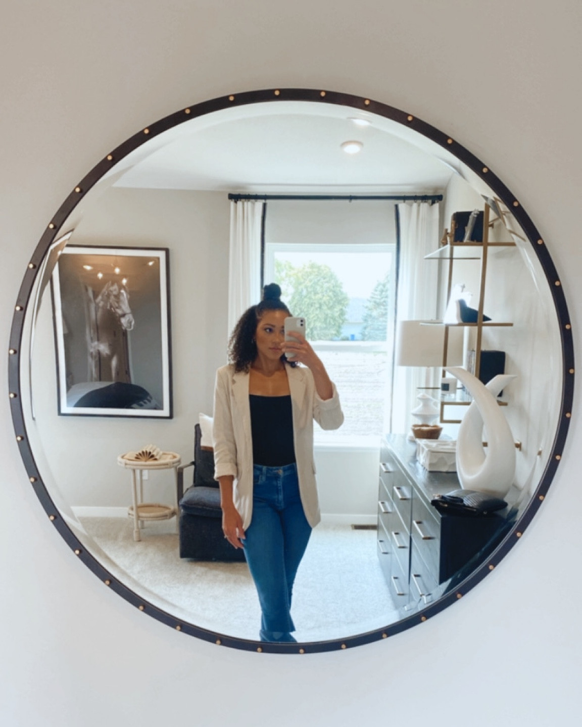 Transitional blazer outfit! Bodysuit, blazer, skinny jeans, round mirror.

#LTKfit #LTKhome