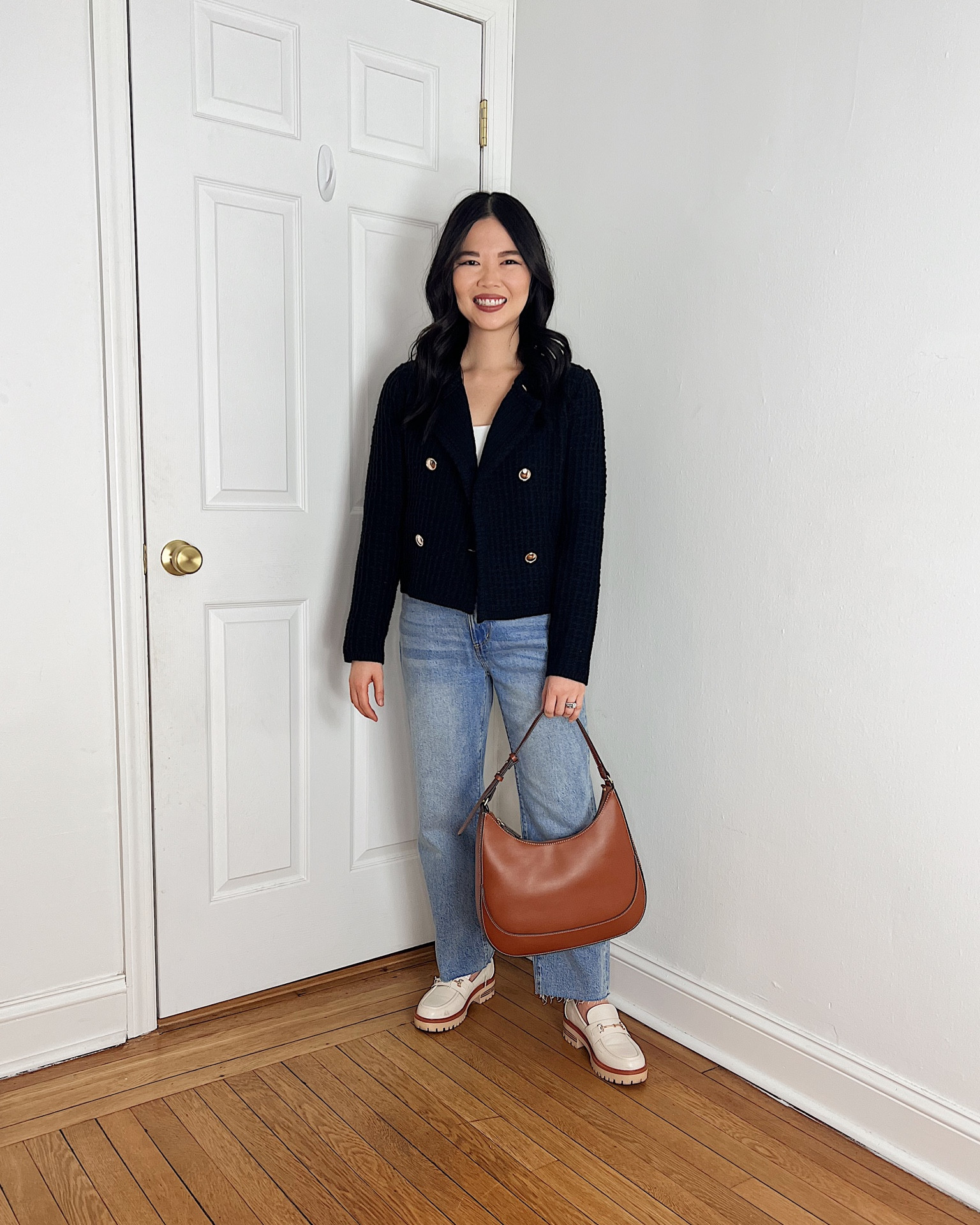 Black sweater jacket (XS)
White tank top (XS)
High waisted straight jeans (4P)
Brown bag
White loafers (TTS)
White chunky loafers
Smart casual outfit
Ann taylor outfit
Neutral outfit
Spring outfit


#LTKworkwear #LTKsalealert #LTKfindsunder100