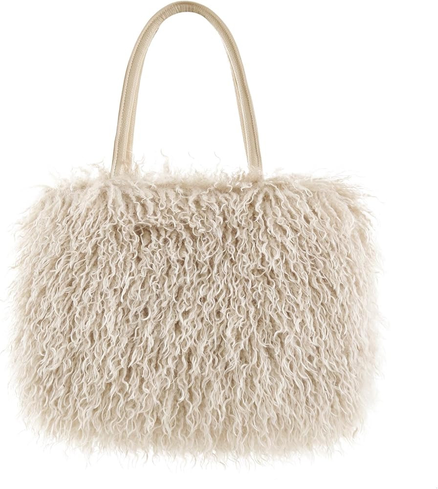 Women's Fuzzy Tote Bag Curly Handbag Furry Shoulder Bag Large Top Handle Purses Winter | Amazon (US)