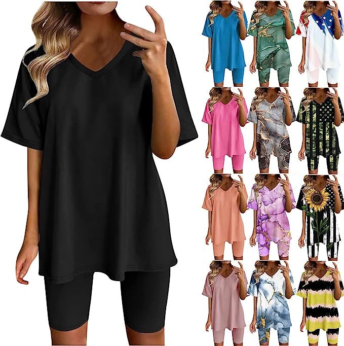 Women's Sets 2 Piece Outfit Summer Oversized Shirt and Biker Short Set Plus Size Graphic Tees Des... | Amazon (US)