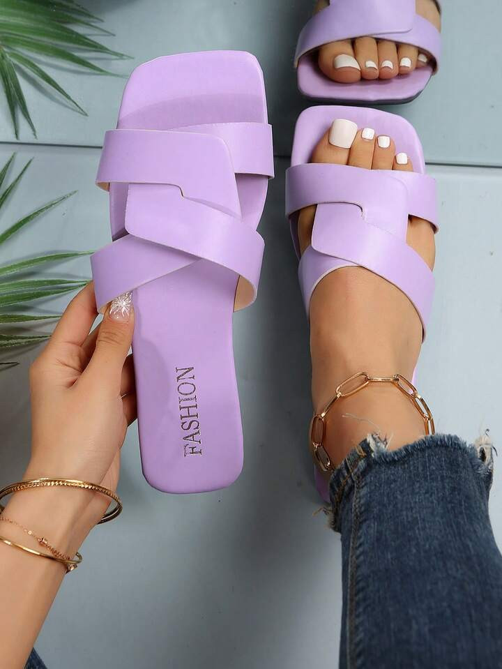 Women Cut Out Cross Strap Flat Sandals, Funky Purple Slide Sandals | SHEIN