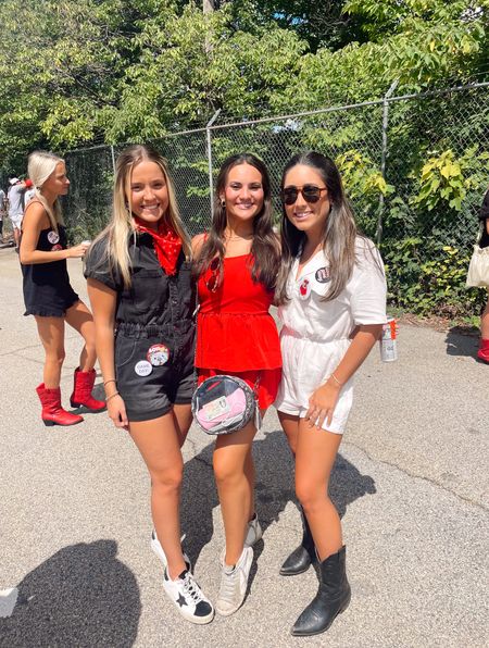 university of georgia gameday outfit inspo!! ❤️❤️❤️❤️ gameday, college gameday outfits, sec, college, college outfit inspo, fall fashion, red romper, black romper, ruffle romper, red fit, fit inspo, golden goose, black cowgirl boots, uga, clear gameday bag, gameday bag

#LTKstyletip #LTKitbag #LTKU